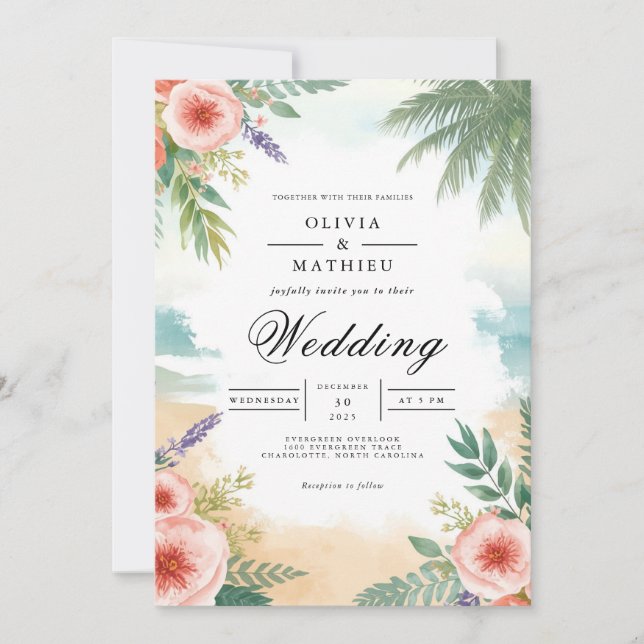 Coastal Floral Palm Wedding Invitation (Front)