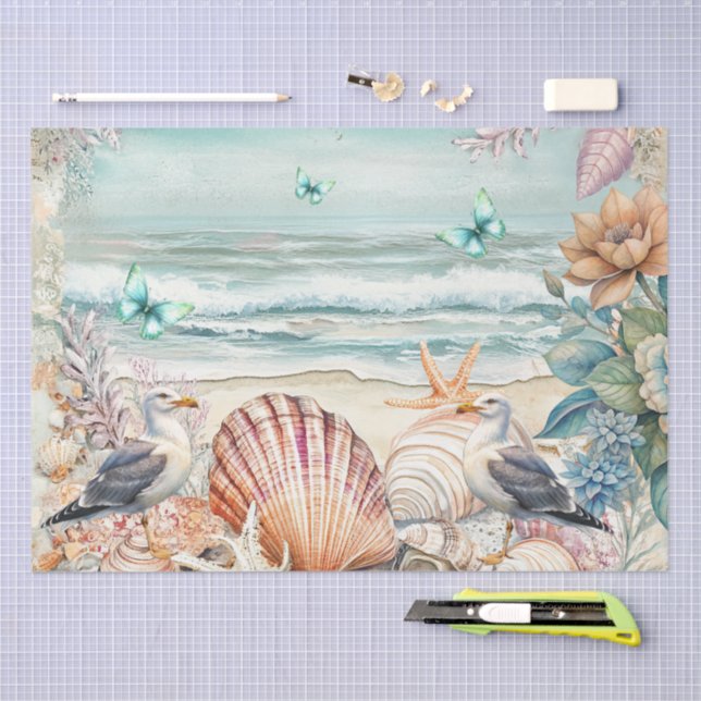Coastal Floral Seagulls & Seashells Decoupage  Tissue Paper (Craft)