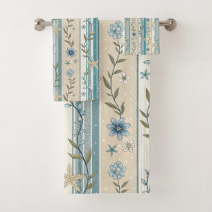 Coastal Floral Stripe Aqua Beige Elegance Design Bath Towel Set