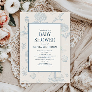 Coastal French Toile Blue Floral Baby Shower Invitation