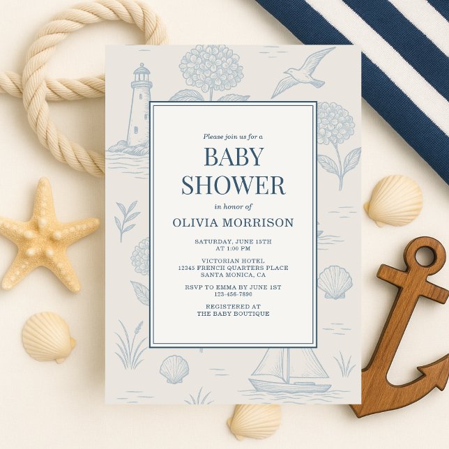 Coastal French Toile Blue Floral Baby Shower Invitation (Creator Uploaded)