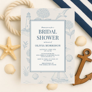 Coastal French Toile Blue Floral Bridal Shower Invitation