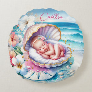 Coastal Girl's Baby Shower Personalised Round Cushion
