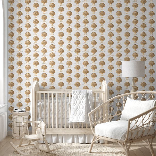 Coastal Gold Seashell & Bow Nautical Wallpaper (Kids)