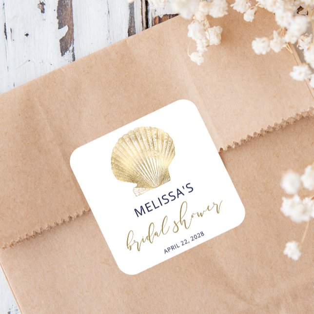 Coastal Gold Seashell Navy Blue Bridal Shower Squa Square Sticker (Creator Uploaded)