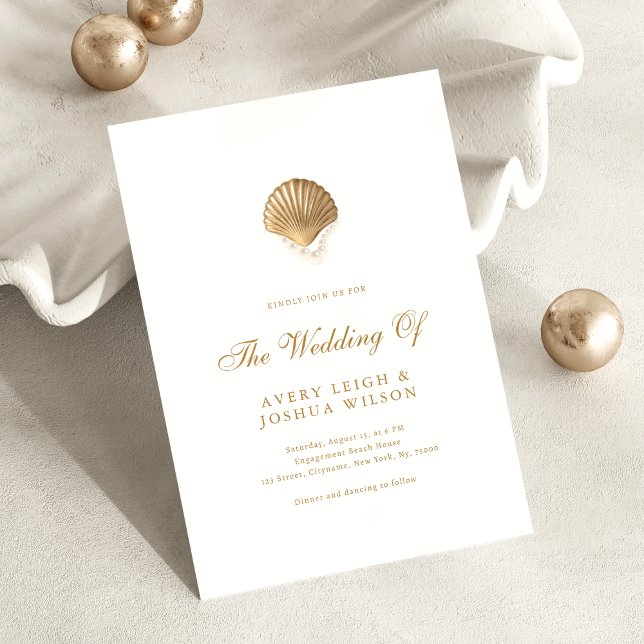 Coastal Gold Seashell & Pearls Beach Wedding Invitation (Creator Uploaded)
