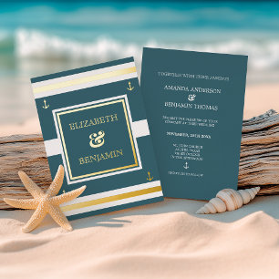 Coastal Gold White Blue Stripes Nautical Wedding