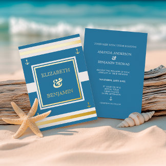 Coastal Gold White Blue Stripes Nautical Wedding