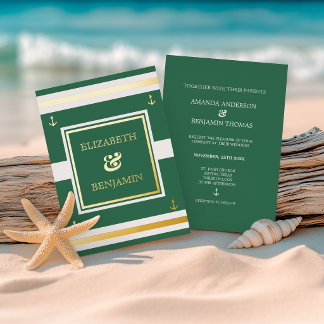 Coastal Gold White Green Stripes Nautical Wedding
