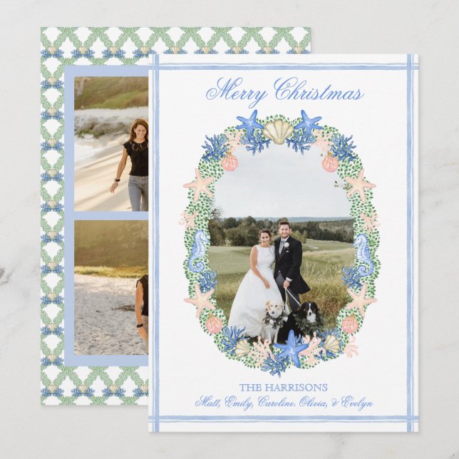 Coastal Grandmillennial Christmas Seashell 3 Photo Holiday Card (Front/Back)