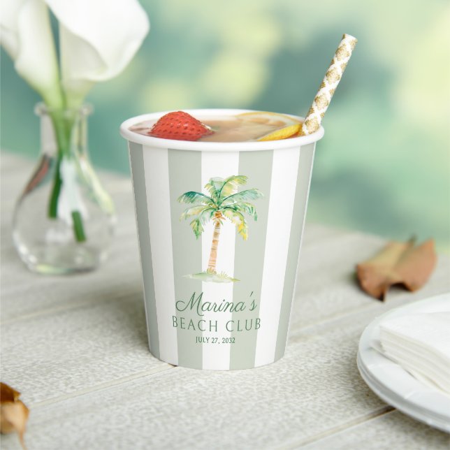 Coastal Green Stripes Palm Beach Club Birthday Paper Cups (Insitu)