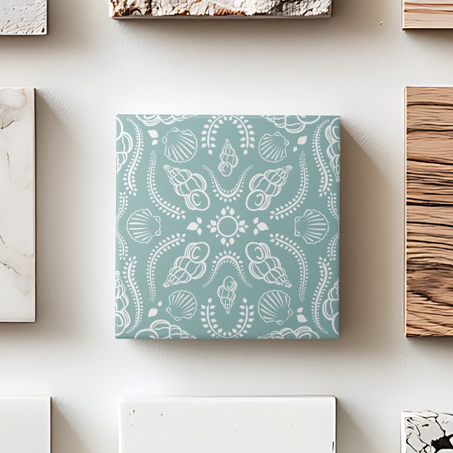 Coastal Green & White Seashell Modern Pattern Tile (Coastal Green & White Seashell Modern Pattern Ceramic Tile)