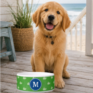 Coastal Green White Whale Monogram Dog Food Bowl