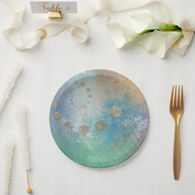 Coastal Grunge | Blue and Green Watercolor Gold Paper Plate (Wedding)