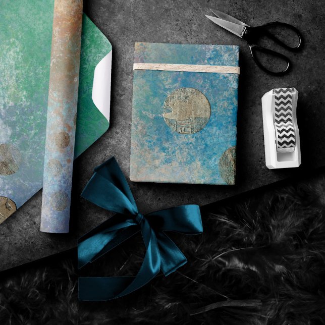 Coastal Grunge | Blue and Green Watercolor Gold Wrapping Paper (Creator Uploaded)