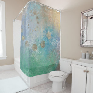 Coastal Grunge   Bue and Green Watercolor Gold Dot Shower Curtain