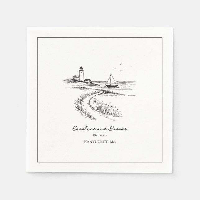 Coastal Hand Drawn Black & White Wedding Napkin (Front)