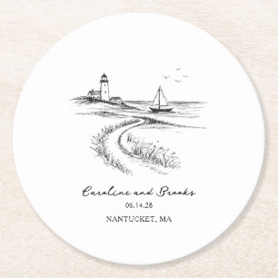 Coastal Hand Drawn Black & White Wedding Round Paper Coaster