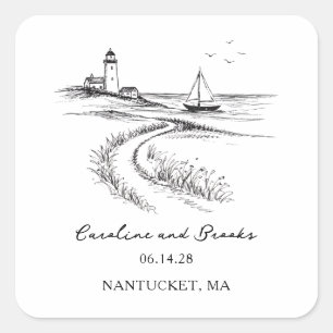 Coastal Hand Drawn Black & White Wedding Square Sticker