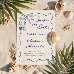 Coastal Hand Drawn Doodle Beach Wedding Save The Date<br><div class="desc">Announce the good news of your upcoming nuptials with this charming and casual coastal themed wedding save the date that features hand drawn doodles and a custom couple's crest on the reverse side. Illustrations include a tropical palm tree, cocktail and starfish sea shell inside a whimsical squiggle wave border. The...</div>