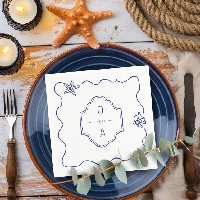 Coastal Hand Drawn Seashell Crest Beach Wedding Napkin (Creator Uploaded)