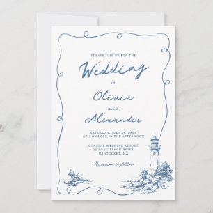 Coastal Hand Drawn Whimsical Lighthouse Wedding Invitation