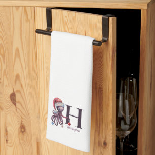 Coastal Holiday Santa Octopus Monogram Tea Towel