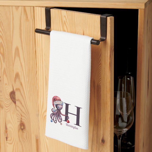 Coastal Holiday Santa Octopus Monogram  Tea Towel (Thirds Fold)