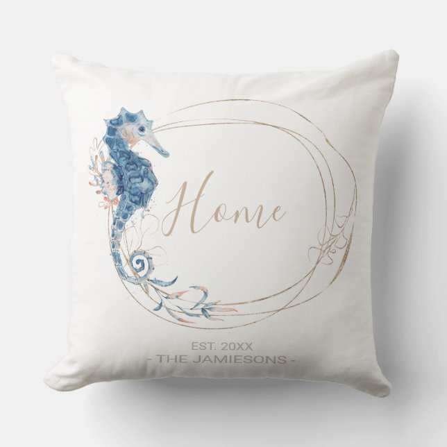 Coastal Home blue watercolor Seahorse custom Cushion (Front)