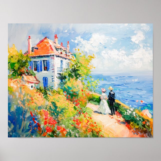 Coastal House with Flowers Impressionist Seascap Poster (Front)