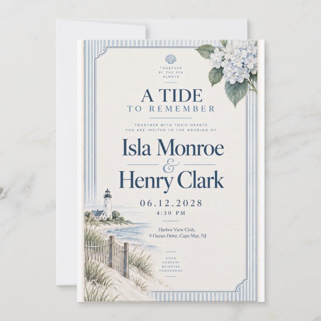 Coastal Hydrangea Lighthouse Wedding Invitation (Front)
