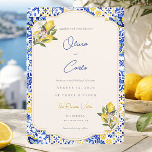 Coastal Italian Mediterranean Tile  Lemon Wedding Holiday Card