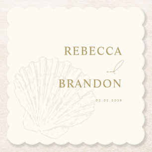 Coastal Ivory & Gold Hand Drawn Seashell Wedding Paper Coaster