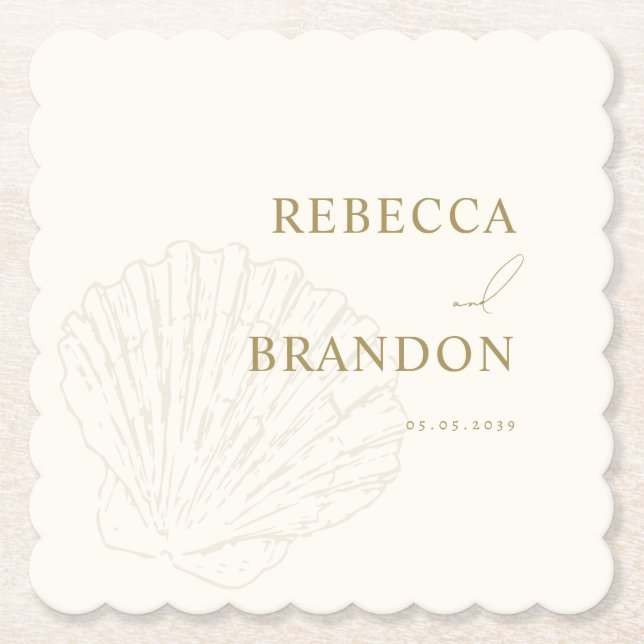 Coastal Ivory & Gold Hand Drawn Seashell Wedding Paper Coaster (Front)