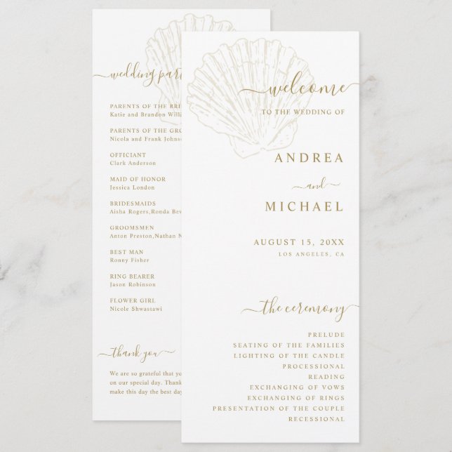 Coastal Ivory & Gold Hand Drawn Seashell Wedding Programme (Front/Back)