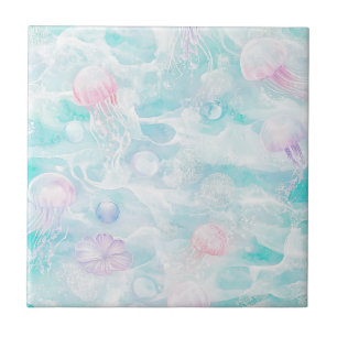 Coastal Jellyfish Watercolor Pattern Tile