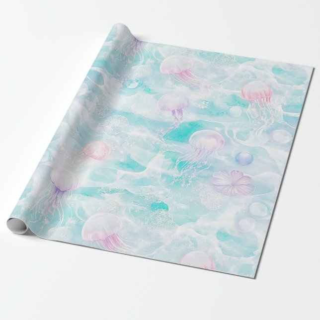 Coastal Jellyfish Watercolor Pattern Wrapping Paper (Unrolled)