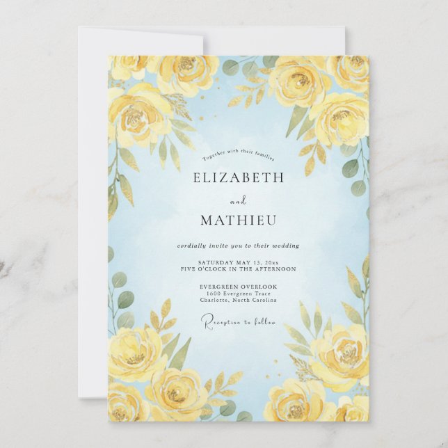Coastal Lemon Azure Watercolor Wedding Invitation (Front)