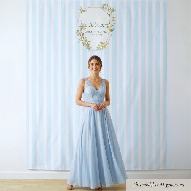 Coastal Lemon Wedding Backdrop Photo Booth Tapestry (elegant mediterranean lemon monogram crest coastal pale blue stripe wedding backdrop photo booth)