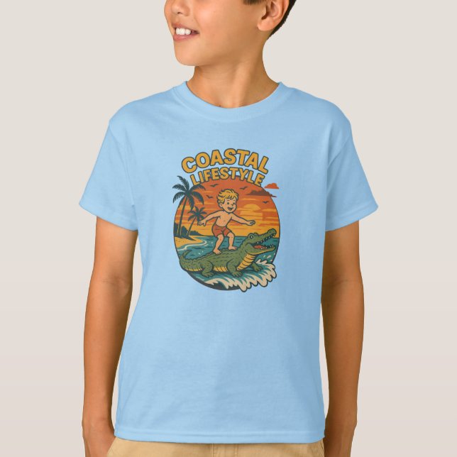 Coastal Life Alligator Surfing Retro FL Surf Beach T-Shirt (Front)