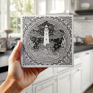 Coastal Life Series Lighthouse B & W D1208 Tile