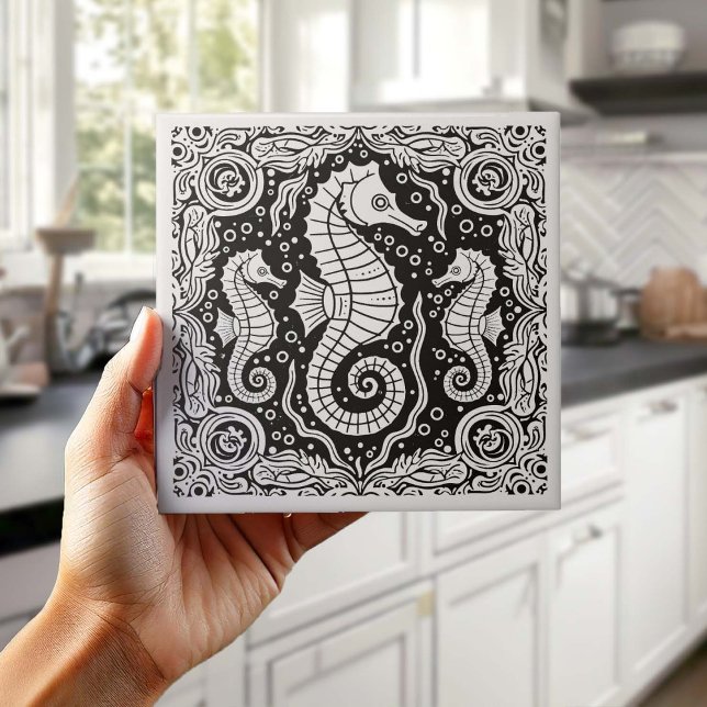 Coastal Life Series Seahorse B & W D1208 Tile (Creator Uploaded)