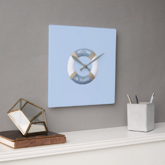 Coastal Lifebuoy Blue Square Wall Clock