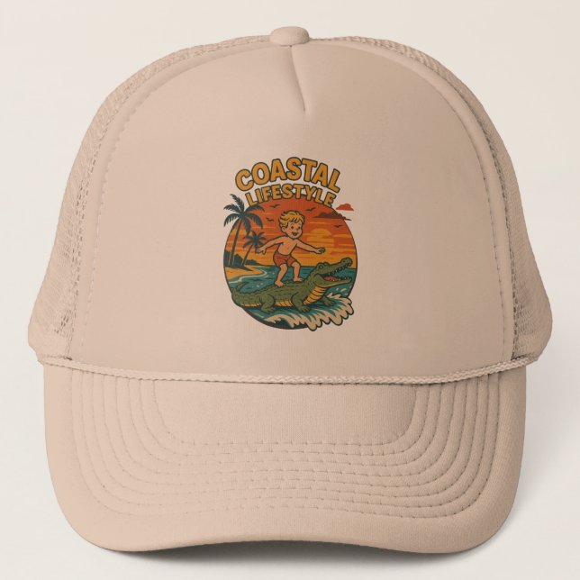 Coastal Lifestyle Alligator Surfer | Retro Beach Trucker Hat (Front)