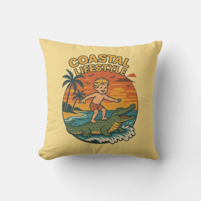 Coastal Lifestyle Alligator Surfing | Retro Beach Cushion (Front)