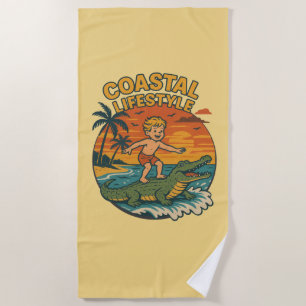 Coastal Lifestyle Gator Surfing - Retro Surf Beach Beach Towel