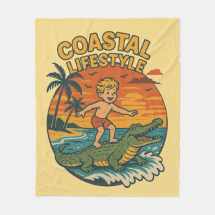 Coastal Lifestyle Gator Surfing - Retro Surf Beach Fleece Blanket