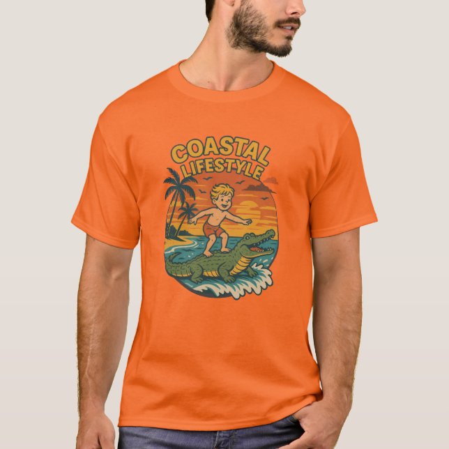 Coastal Lifestyle Gator Surfing - Retro Surf Beach T-Shirt (Front)