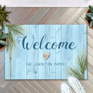 Coastal Light Blue Rustic Wood Name Welcome Doormat