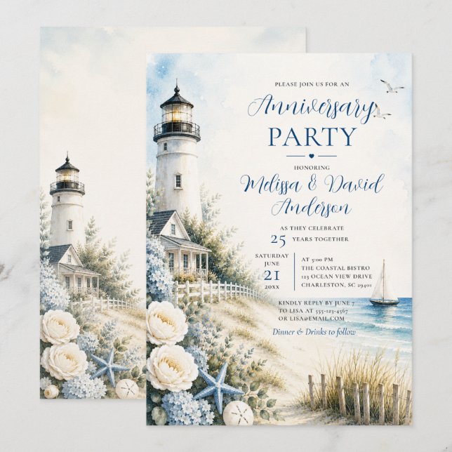 Coastal Lighthouse Anniversary Party Invitation (Front/Back)